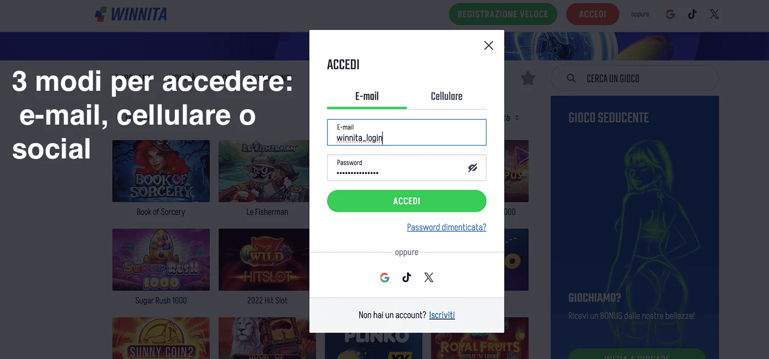 Winnita login: e-mail, cellulare o social